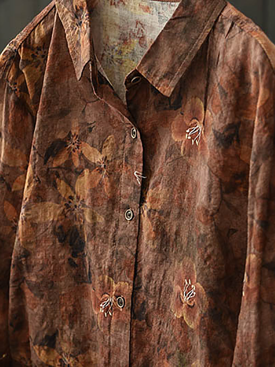 Women Spring Flower Turn-down Collar Shirt