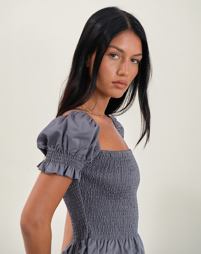 Notina Puff Sleeve Top in Shirred Grey