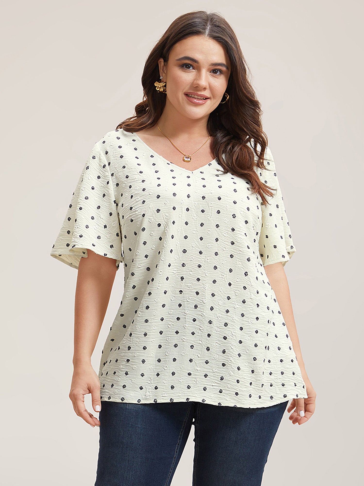 Textured Polka Dot Print Flared Sleeve Shirt