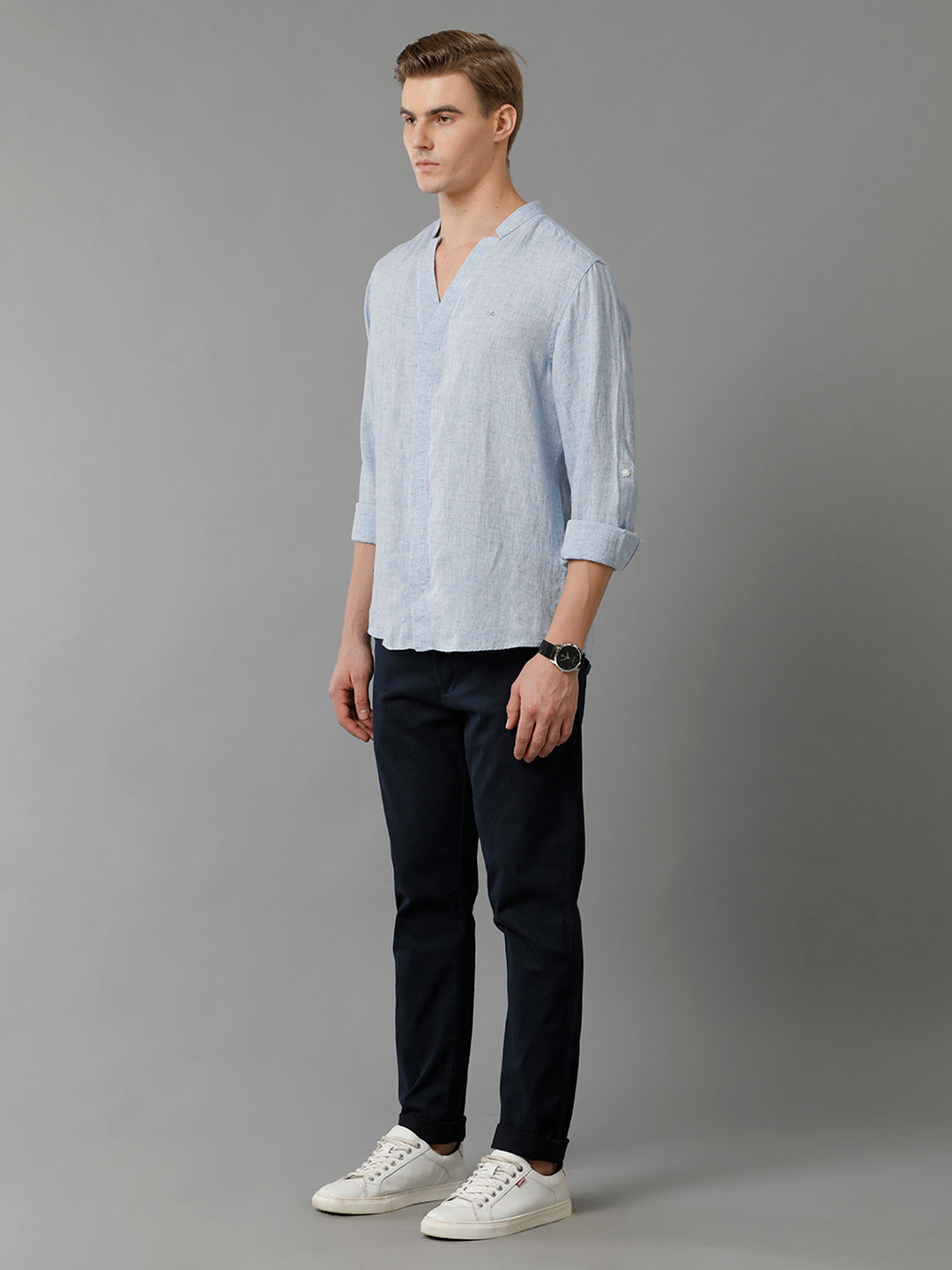 Mens Regular Fit Solid Blue Casual Linen Shirt (LAUNI)