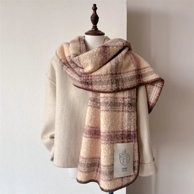 Atmosphere Color-Contrast Check Circle Hair Scarf Women's Winter Warm All-Matching Affordable Luxury Fashion Temperament Shawl