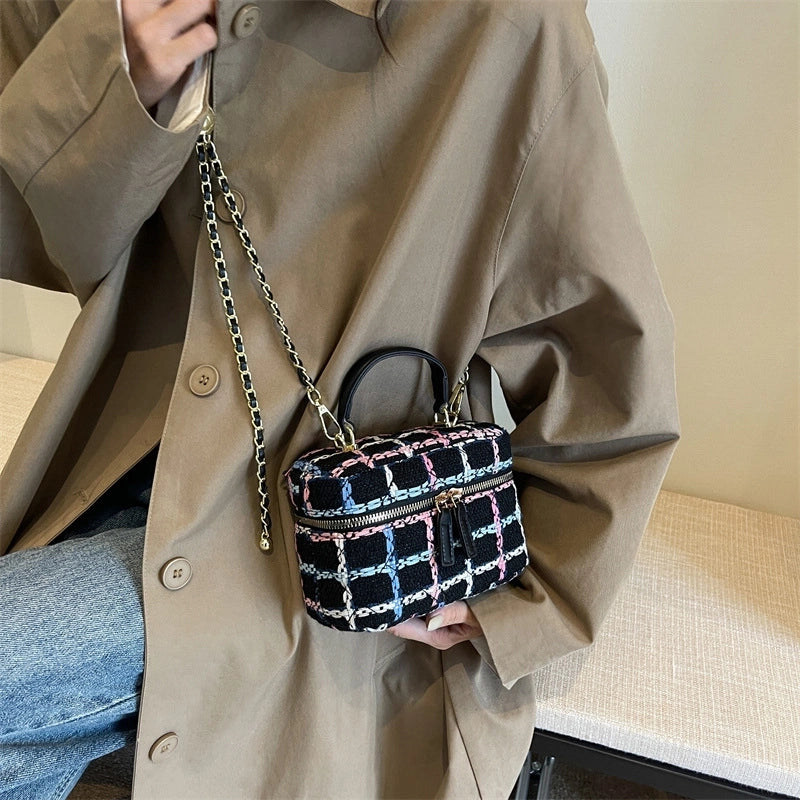 Women's Small Yarn Color Block Basic Streetwear Square Zipper Shoulder Bag Crossbody Bag Chain Bag