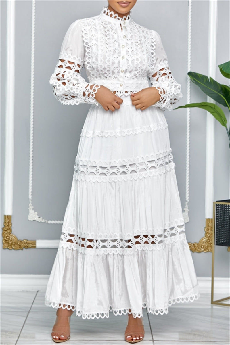 Casual Solid Color Hollow Out Mandarin Collar Long Sleeve Two Pieces