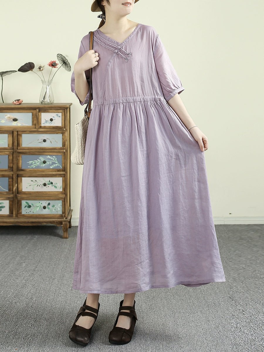 Women Summer Artsy Pure Color V-Neck 100%Ramie Dress