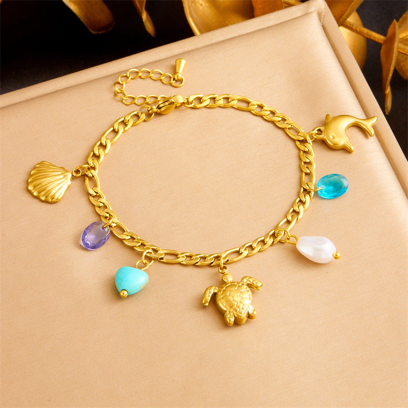 Personalized Gold-Plated Turtle Dolphin Starfish Pendant Stainless Steel Chain Jewelry Bracelet