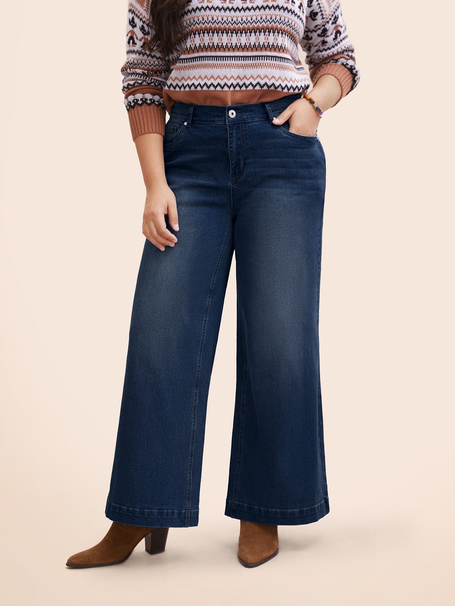 Stretch Denim Wide Leg Cut Jeans