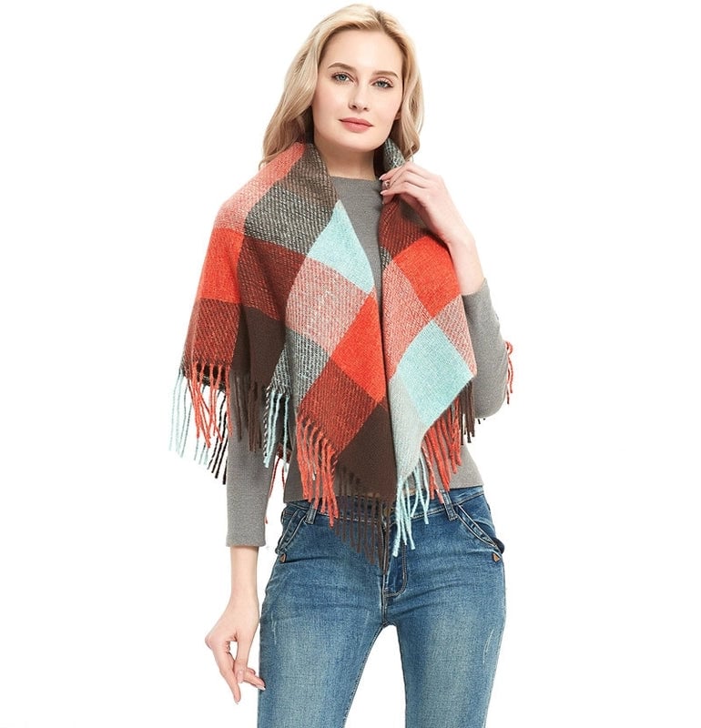 Scarf Women Tonglu Autumn And Winter New Polyester Spiny Hair Long Tassel Plaid Square Scarf Factory Direct Supply Shawl