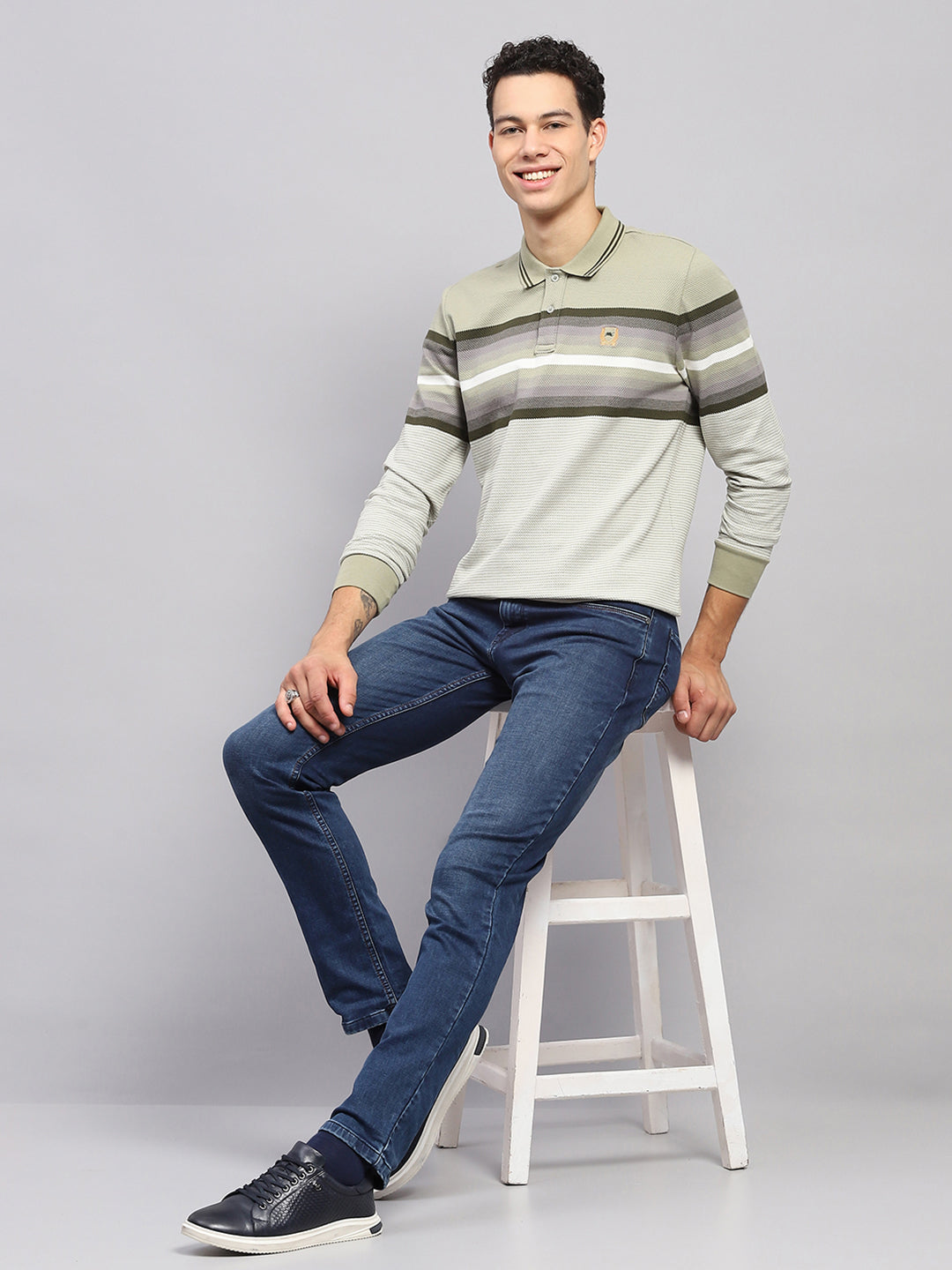 Men Green Stripe Collar Full Sleeve Winter T-Shirt