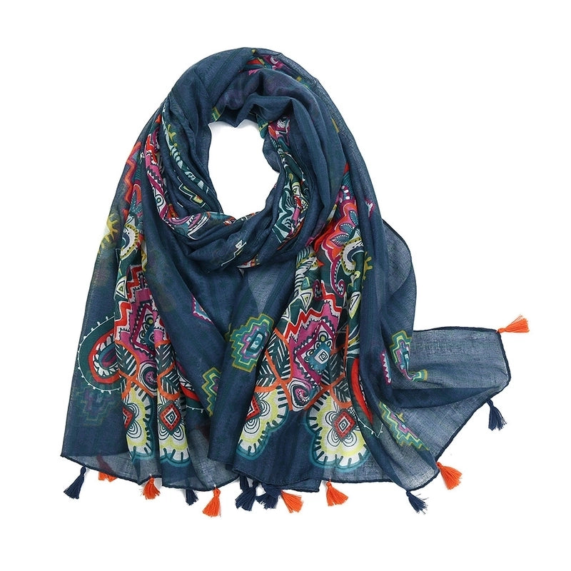 Women'S Sweet Flower Cotton And Linen Tassel Scarf