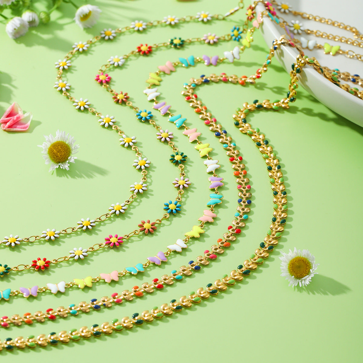 Stainless Steel Chain Small Daisy Olive Branch Butterfly Color Oil Drop Necklace Female Fashion All-Match Titanium Steel Bracelet