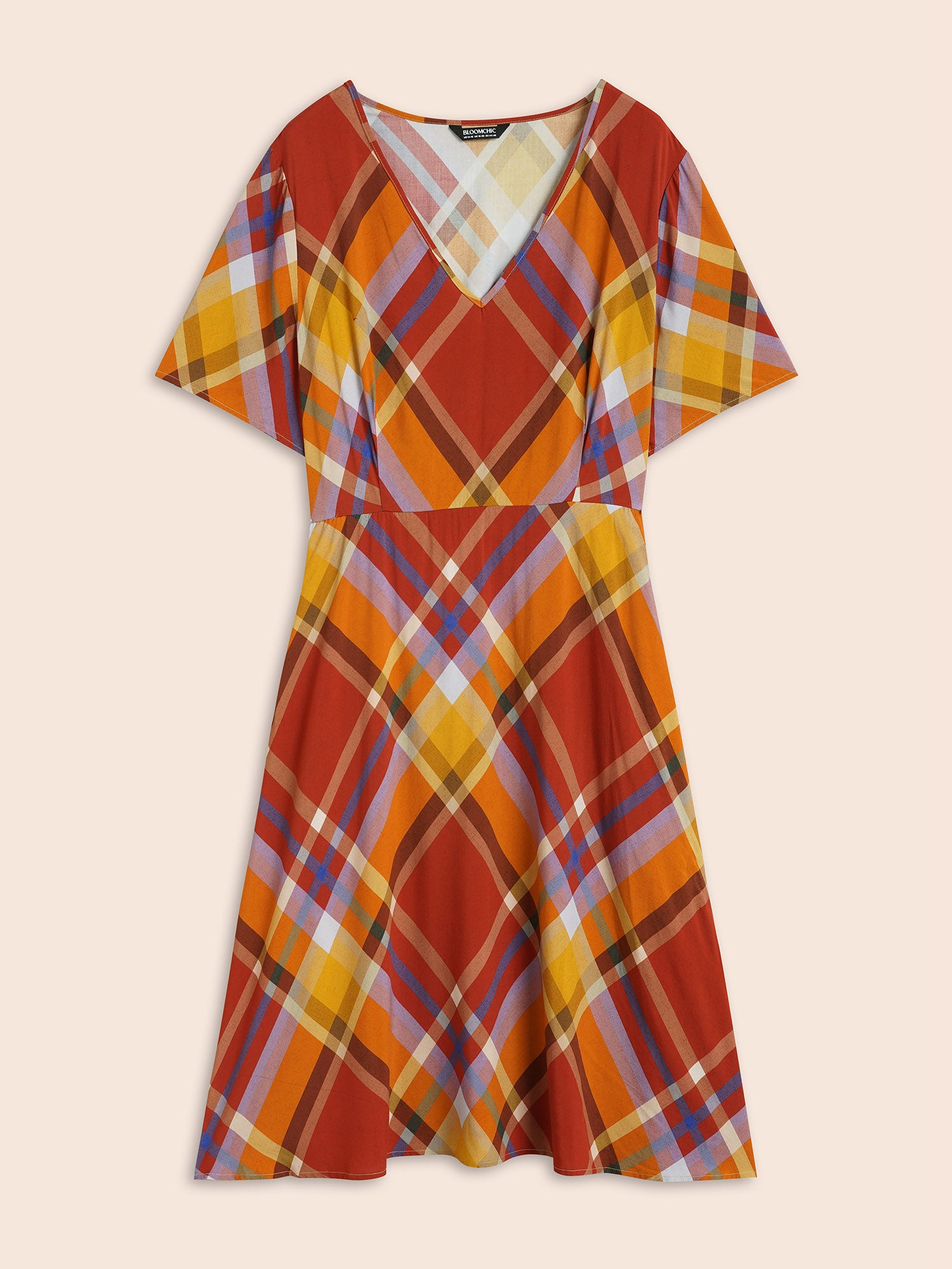 V Neck Plaid Ruffle Sleeve Dress