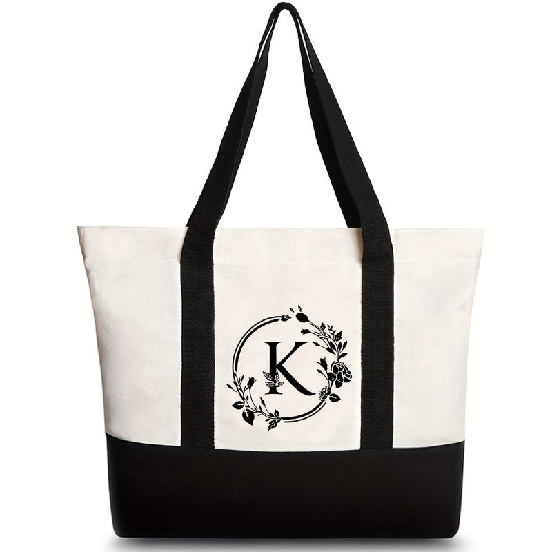 Women's Medium Canvas Letter Flower Classic Style Square Zipper Shoulder Bag
