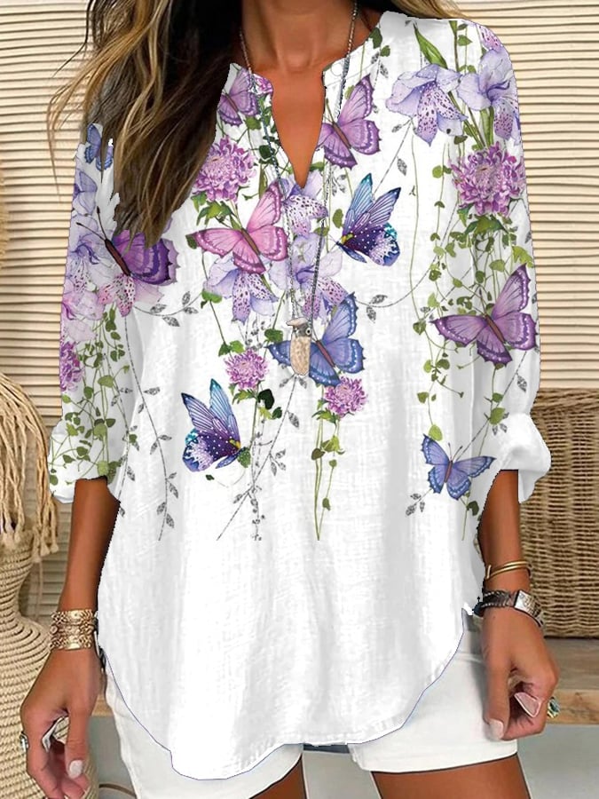 Women's Purple Floral Print Casual Long Sleeve V-Neck Shirt