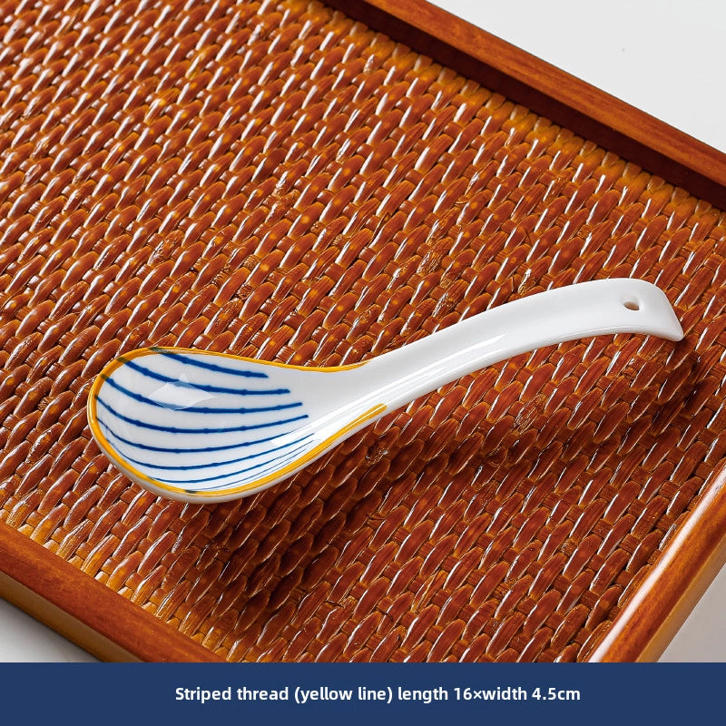 Small Soup Spoon Creative Blue And White Ceramic Spoon Household Thickened Curved Handle Anti-scalding Food Soup Spoon