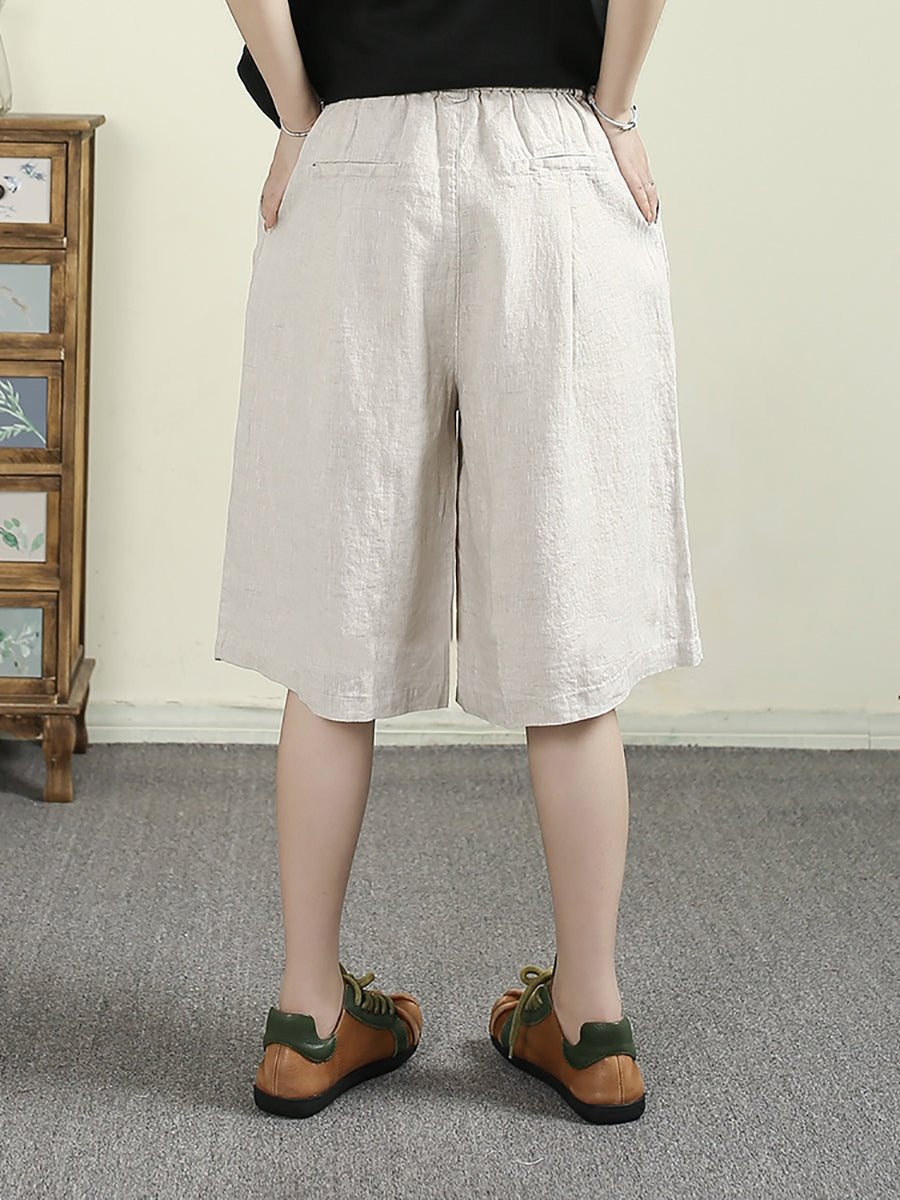 Women Summer Pure Color 100%Linen Wide-leg Fifth Pants