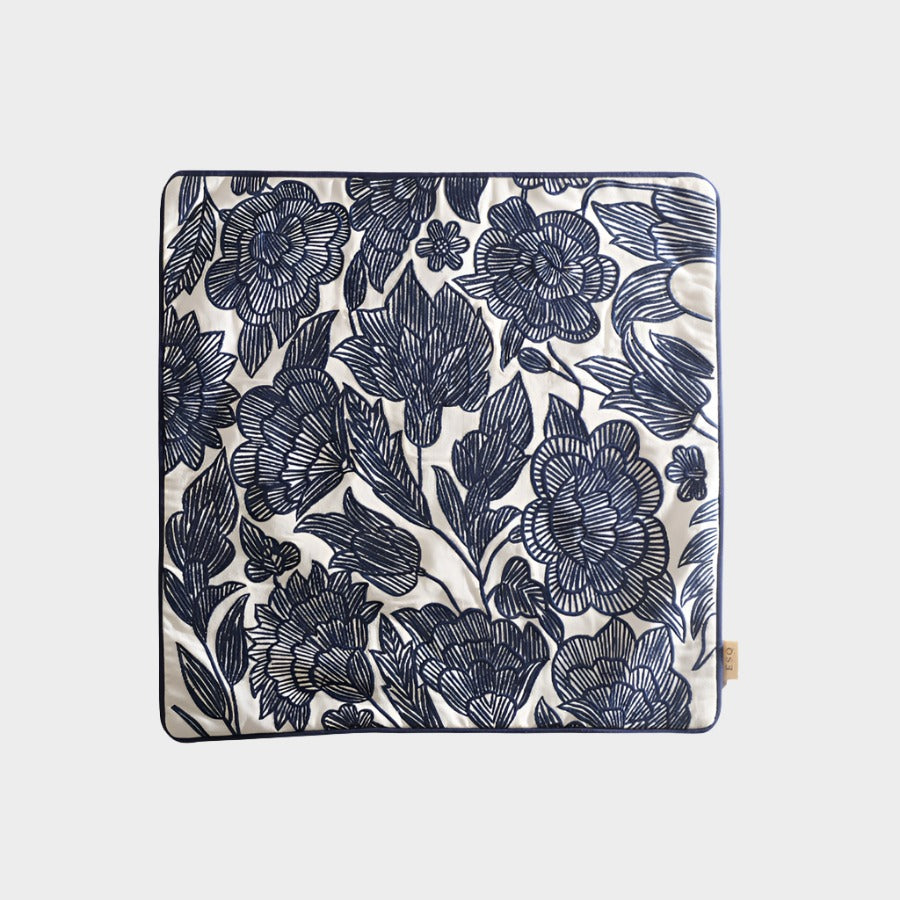 Flora Embroidered Cushion Cover - Dark Blue