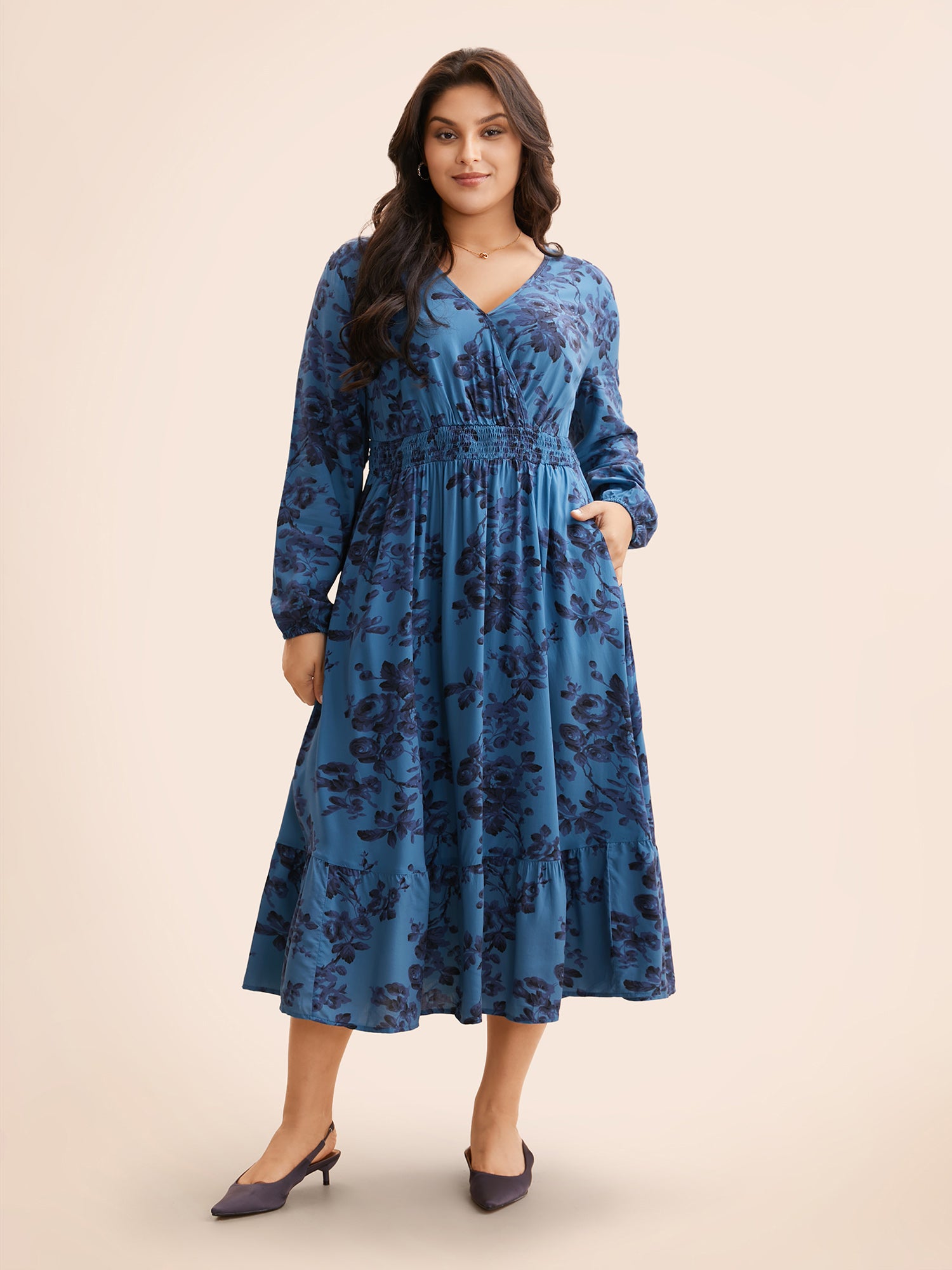 Floral Wrap Lantern Sleeve Pocket Shirred Ruffle Hem Dress