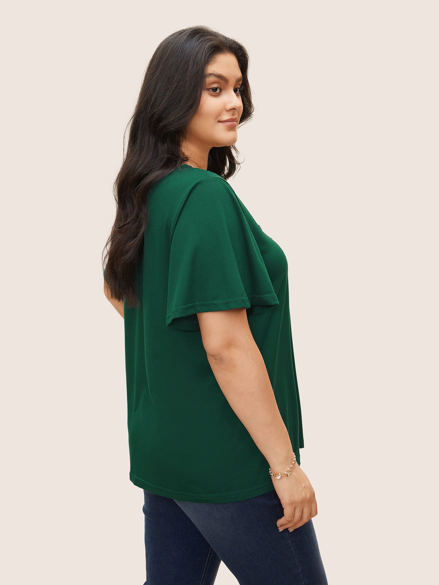 Solid Ruffle Sleeve Lace V Neck T-shirt