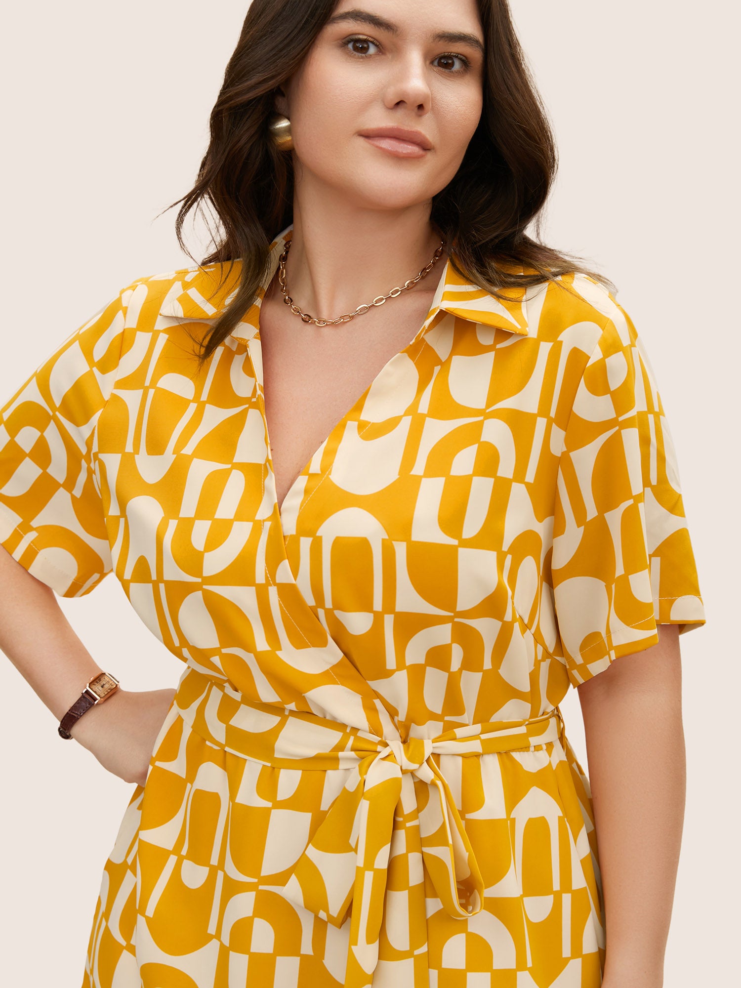 Overlap Collar Geometric Belted Midi Dress