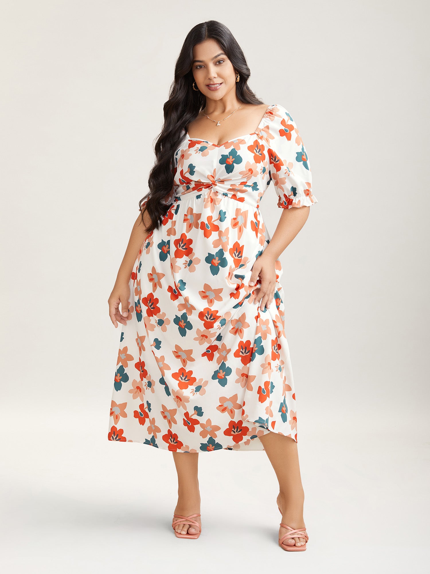 Sweet Floral Front-Twist Lined Maxi Dress