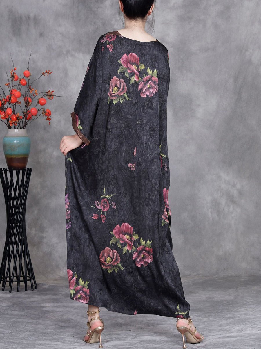 Women Summer Vintage Flower Batwing Sleeve O-Neck Loose Dress