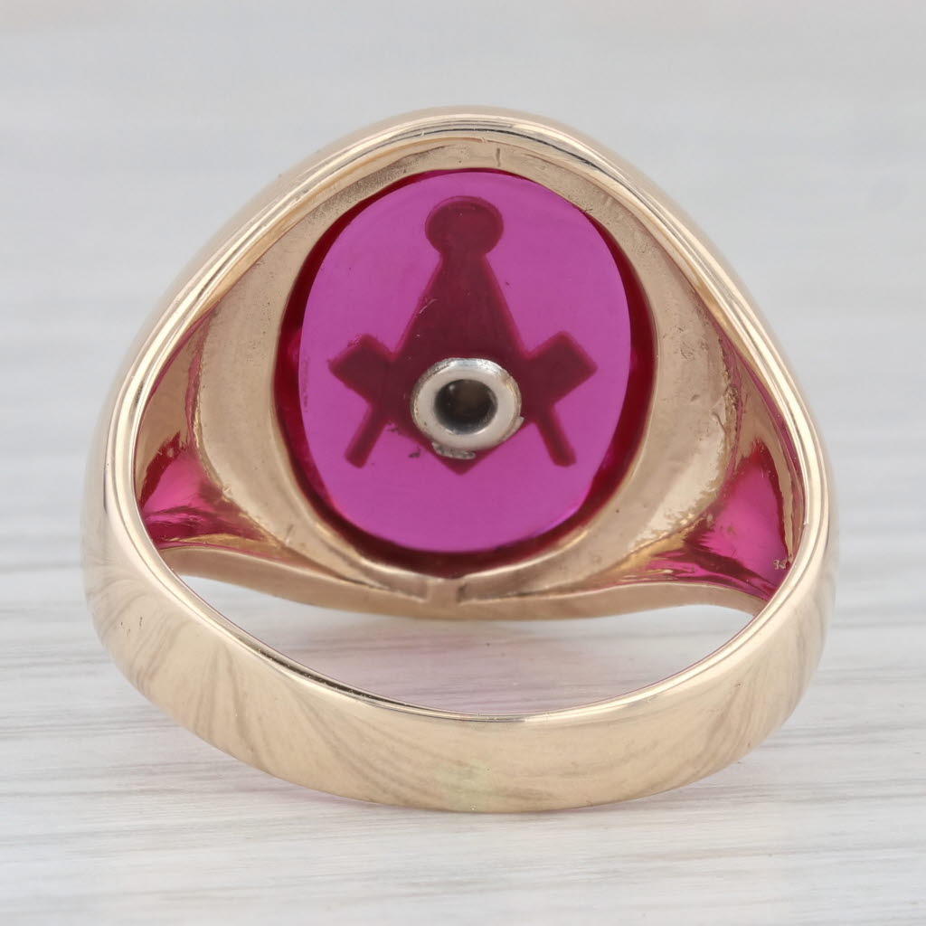 Lab Created Ruby Masonic Signet Ring 10k Yellow Gold Size 10.25 Blue Lodge