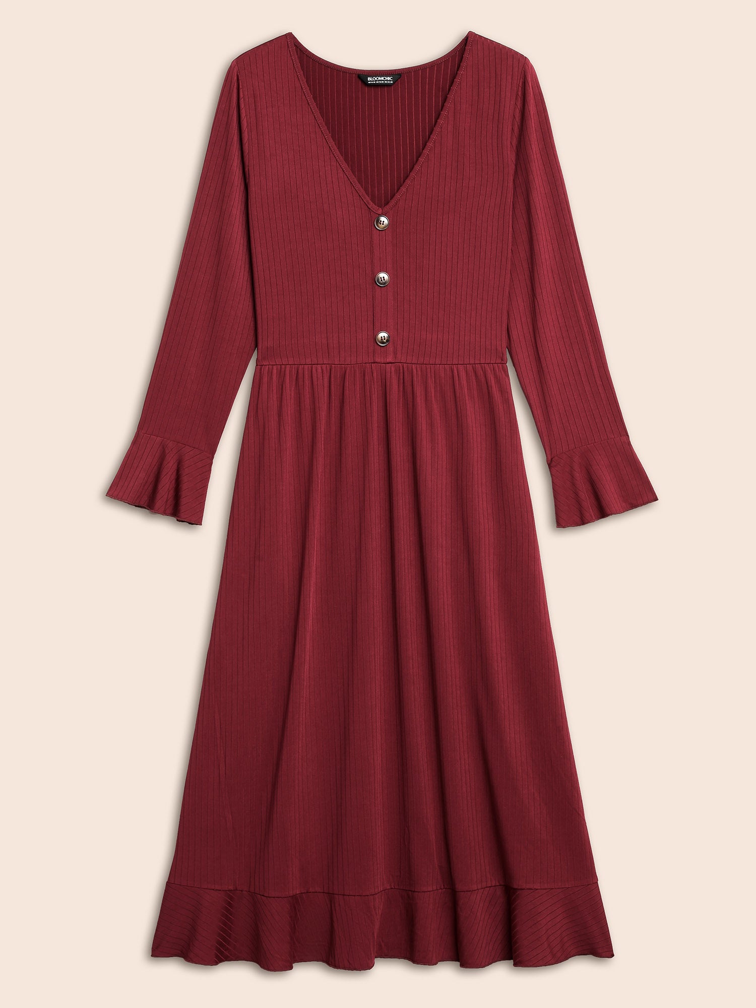 V Neck Button Detail Rib Knit Dress