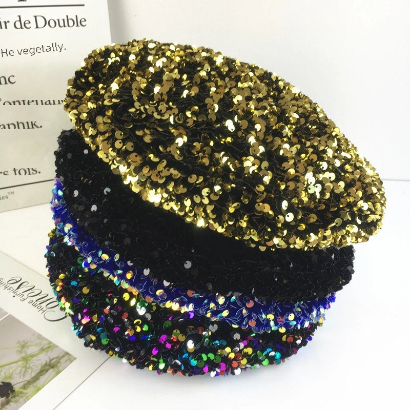 Korean Style Fashion Net Red Gold Velvet Sequined Beret Women's Autumn And Winter Fashion Temperament Painter Hat Beret