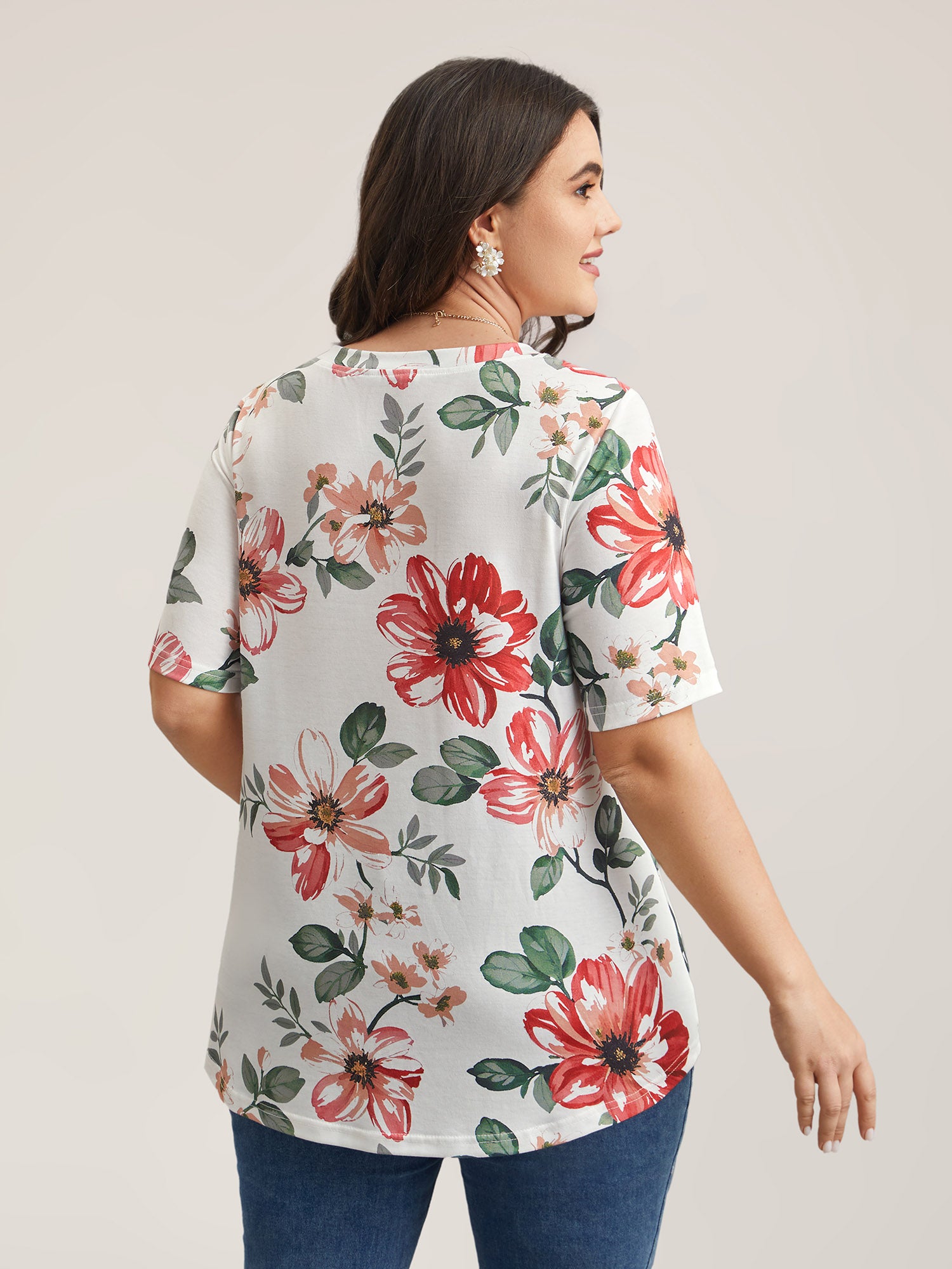 Multi-Color Floral Print V-Neck T-Shirt