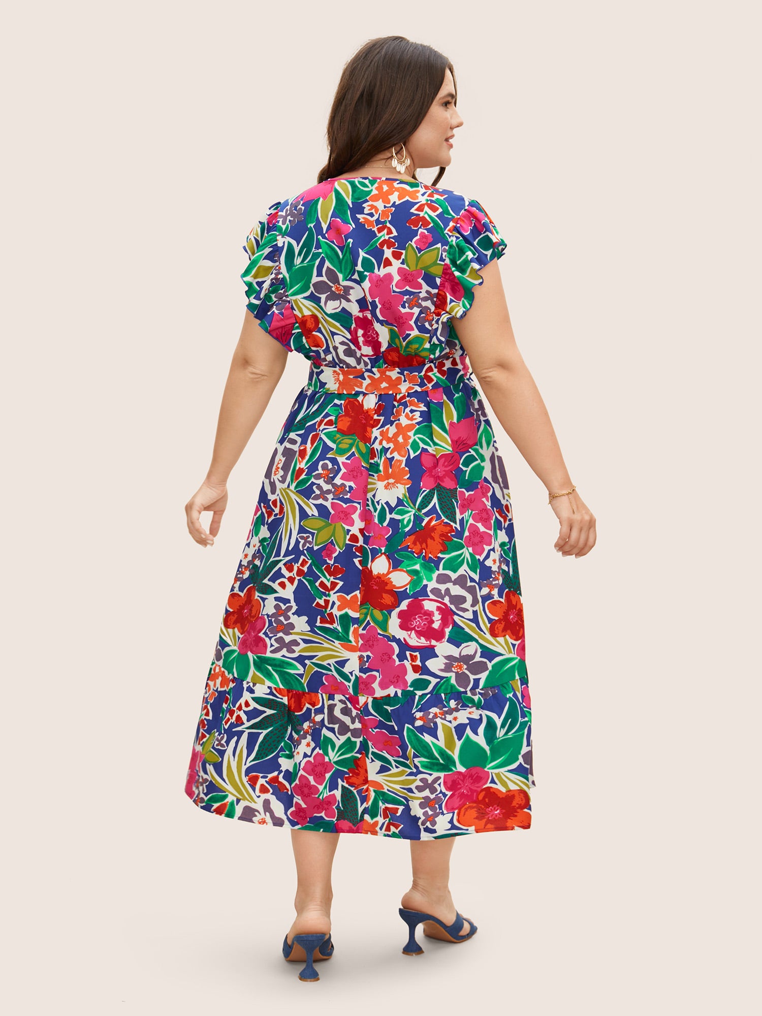 Floral Wrap Patchwork Ruffle Cap Sleeve Dress