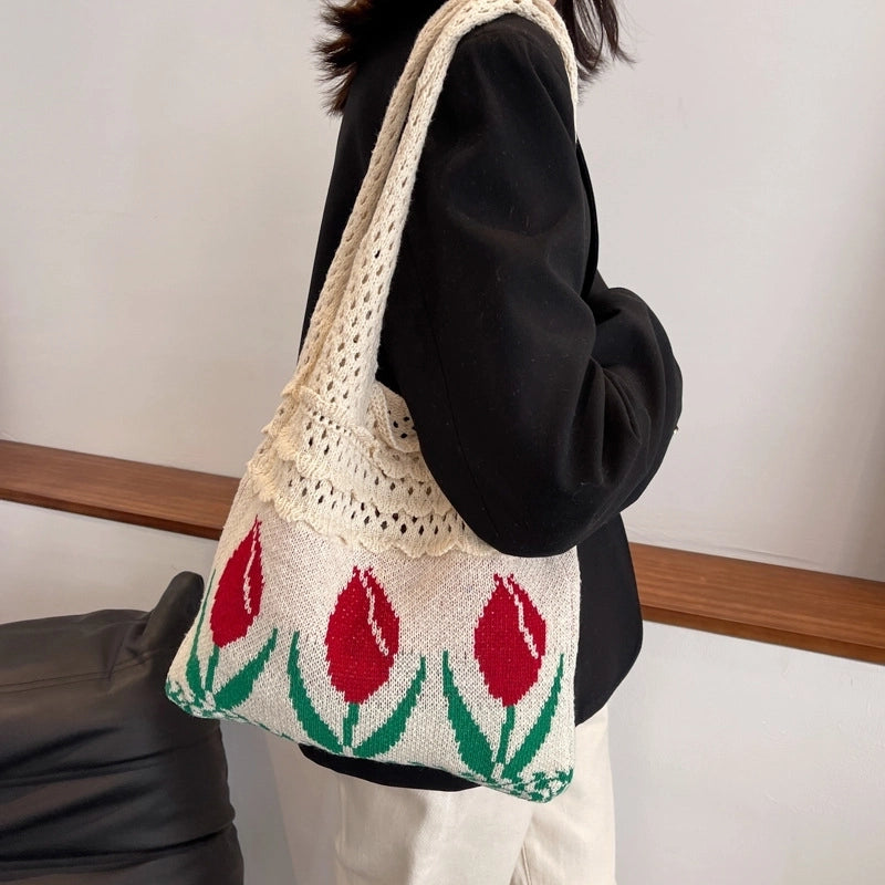Women's Medium Fabric Flower Vintage Style Vacation Weave Open Handbag
