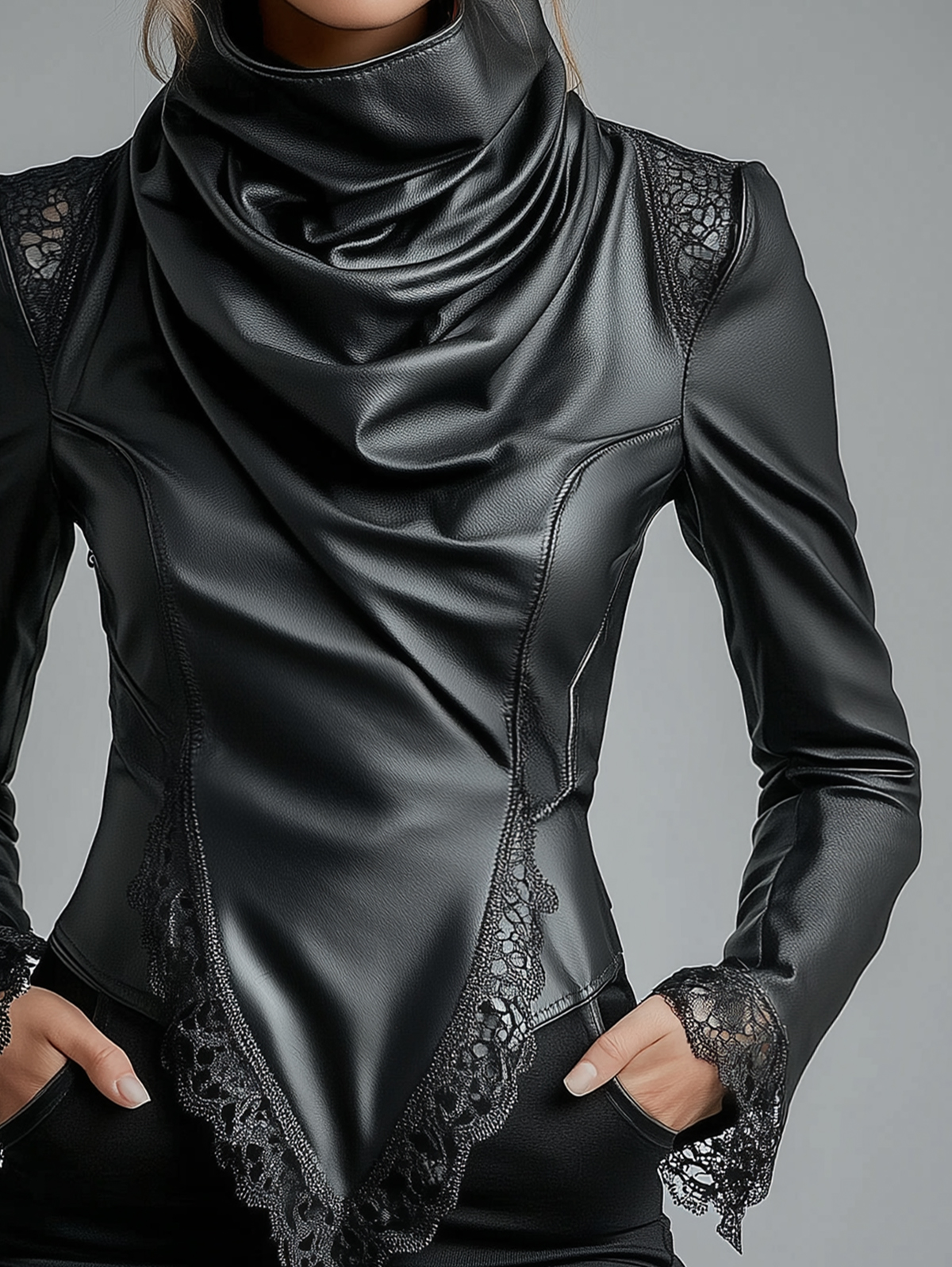 Ursime High Neck Lace Trim Long Sleeve PU Leather Blouse