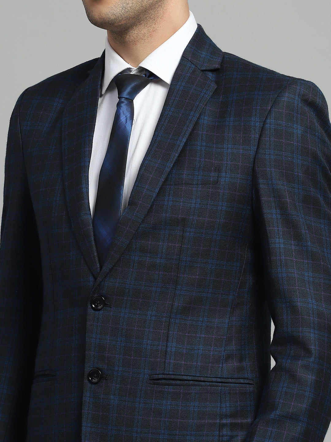 Men Blue Solid Notch Lapel Collar Full Sleeve Coat