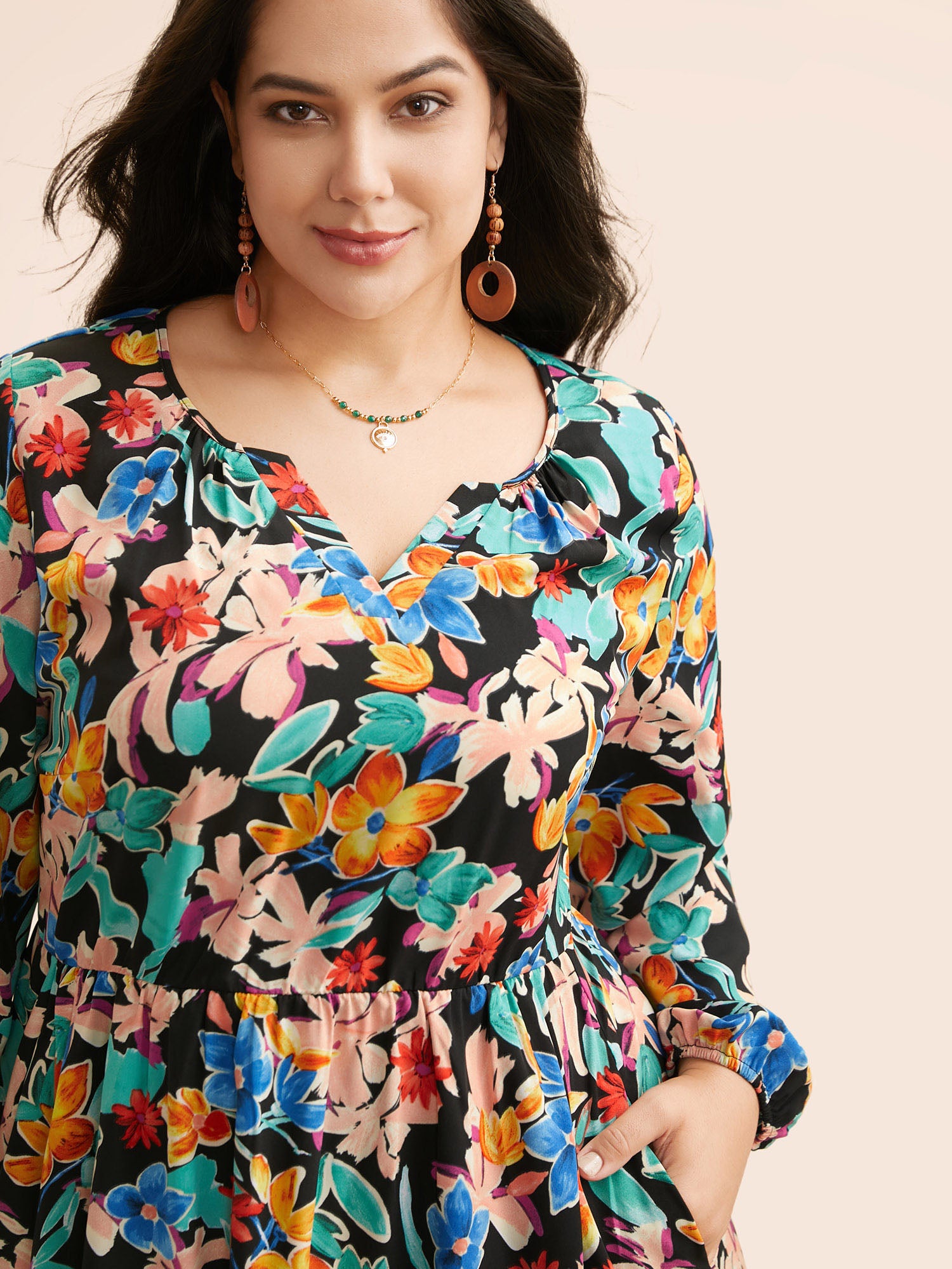 Colored Floral Notched Elastic Waist Midi Dress