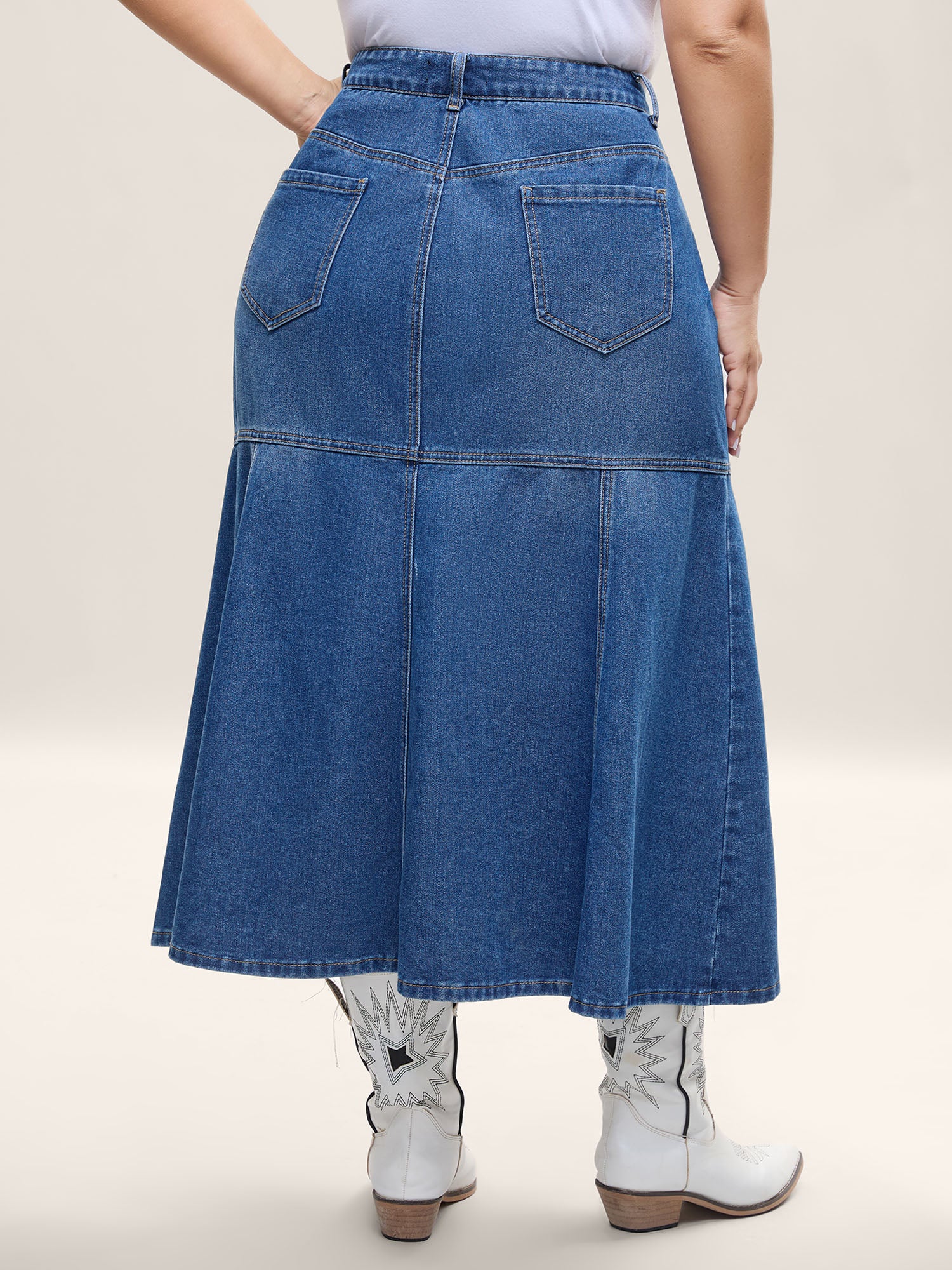 A-Line Seamed Maxi Denim Skirt