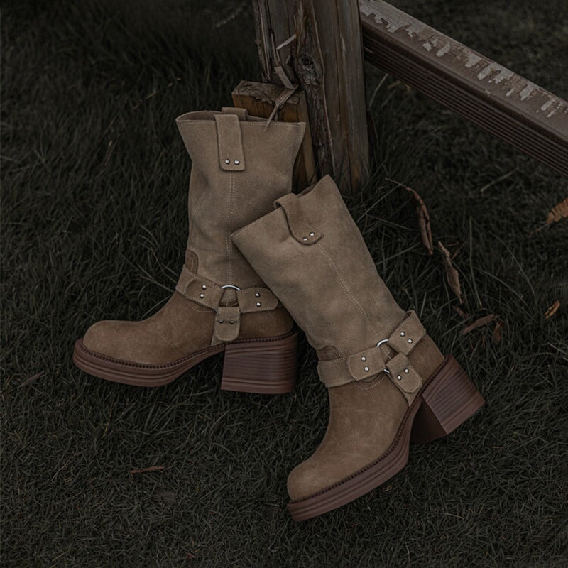 Women's Leather Western Boots Block Heel Mid Calf Boots for Autumn/Winter