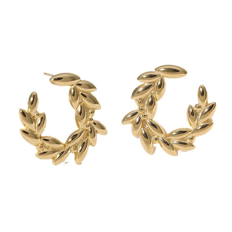 Minimalist Leaf Wheat Stainless Steel Electroplating Stud Earrings