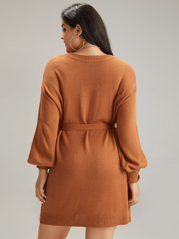 Cable Knit Belted Lantern Sleeve Sweater Dress