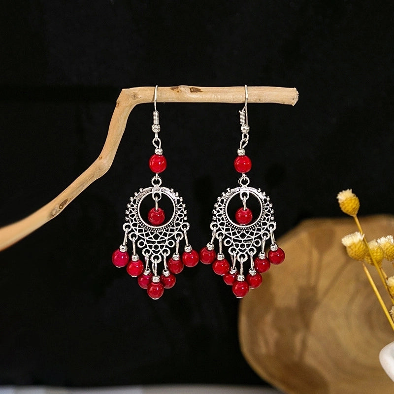Bohemian Blue Turquoise National Style Earrings Imitation Miao Silver Metal Earrings Vintage Tassel Earrings