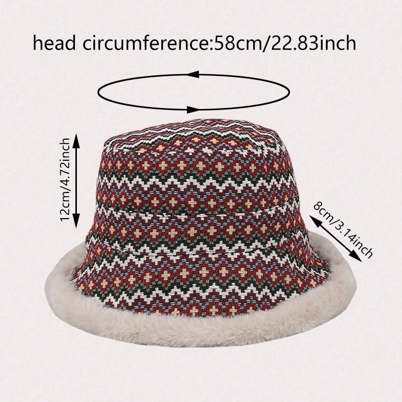 Women's Casual Vacation Ethnic Style Color Block Plush Wide Eaves Bucket Hat