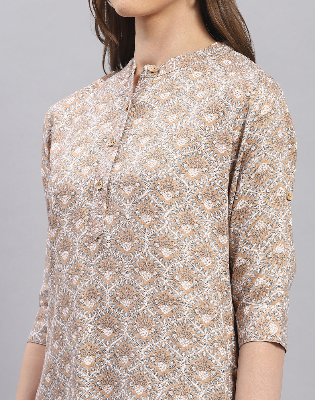 Women Brown Printed Mandarin Collar 3/4 Sleeve Top