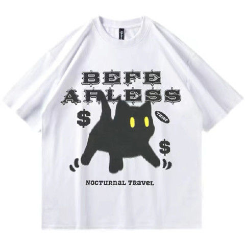 T-Shirt with Black Cat Print BE FEARLESS - NOCTURNAL TRAVEL