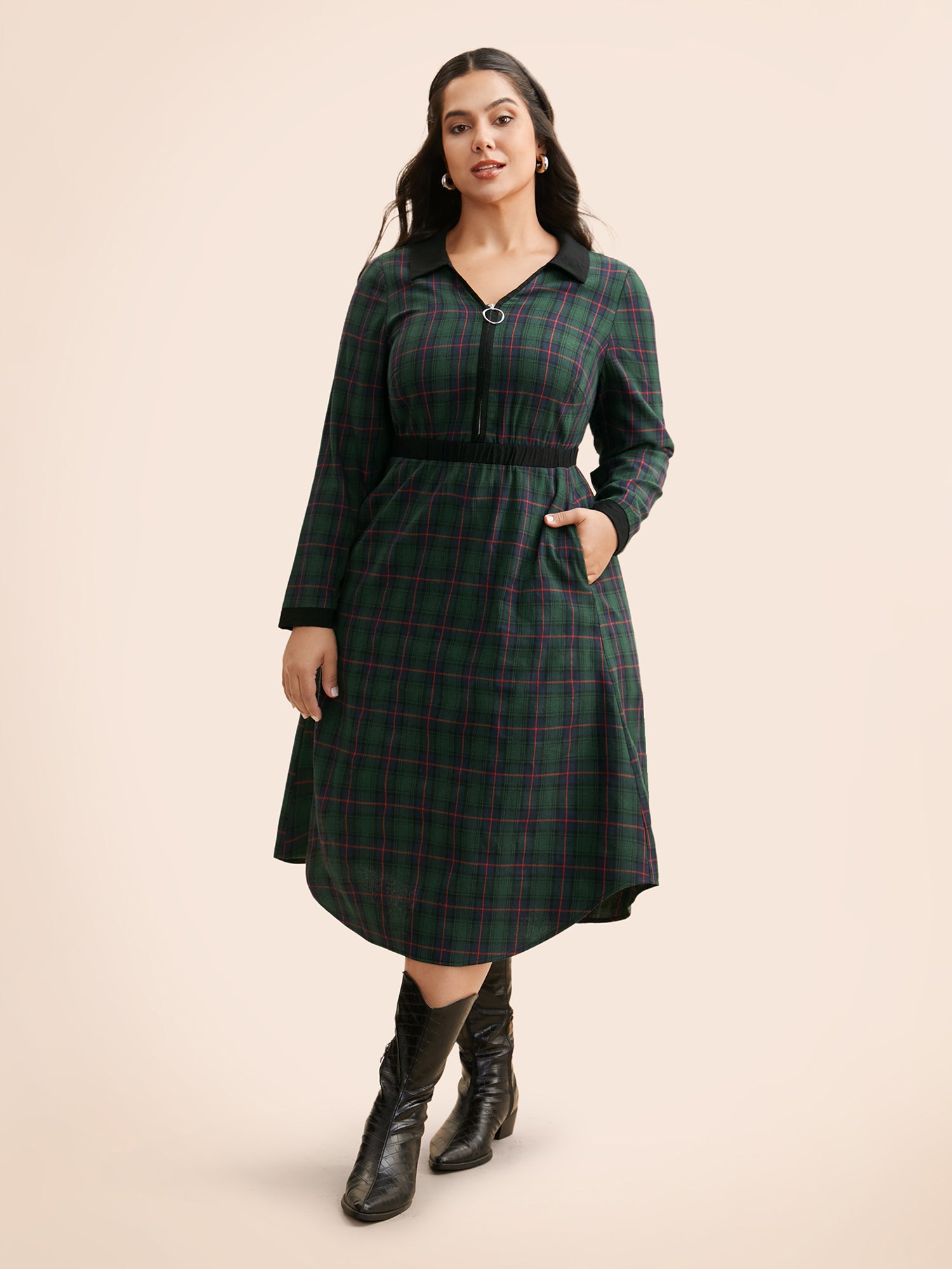 Contrast Plaid O Ring Zipper Dress