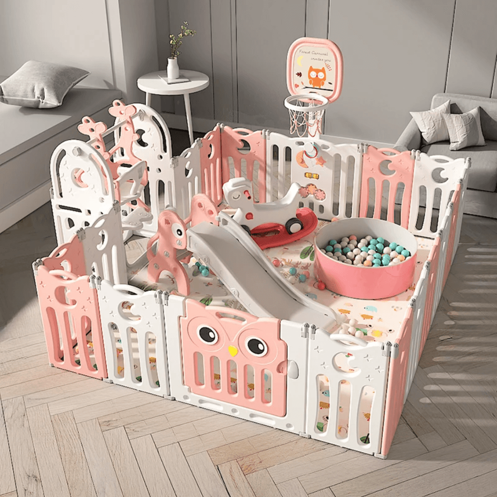 Owl Design Baby Playpen: Slide. Swing. Rocking Horse. Ball Pool & More