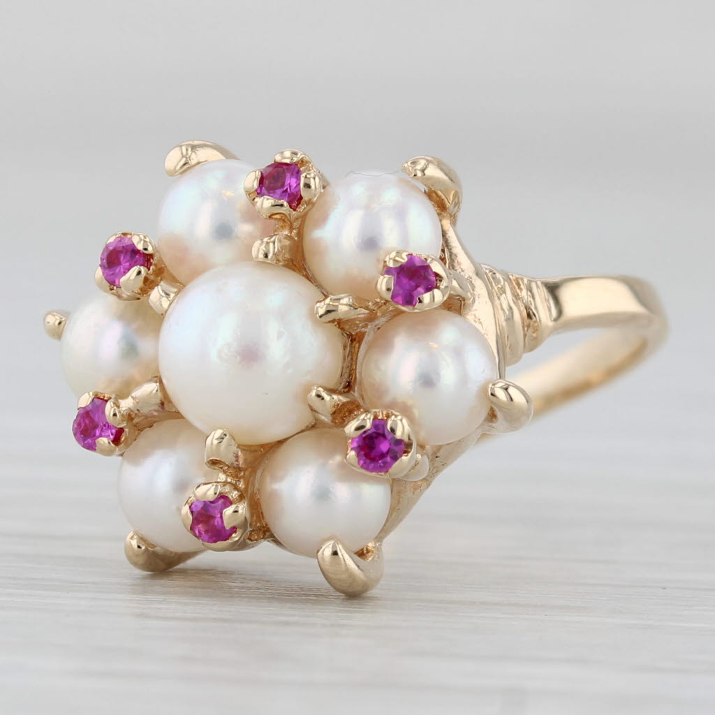 Cultured Pearl Lab Created Ruby Cluster Ring 14k Yellow Gold Size 5