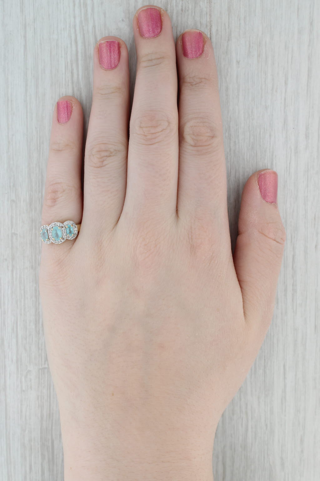 0.97ctw Apatite Oval 3-Stone Diamond Halo Ring 14k Yellow Gold Size 7