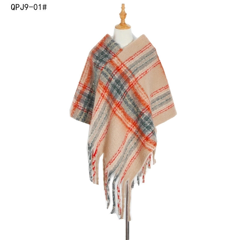 Hot Style New Autumn And Winter Women's Shawl Thick Tassel Loop Yarn Large Plaid Cloak