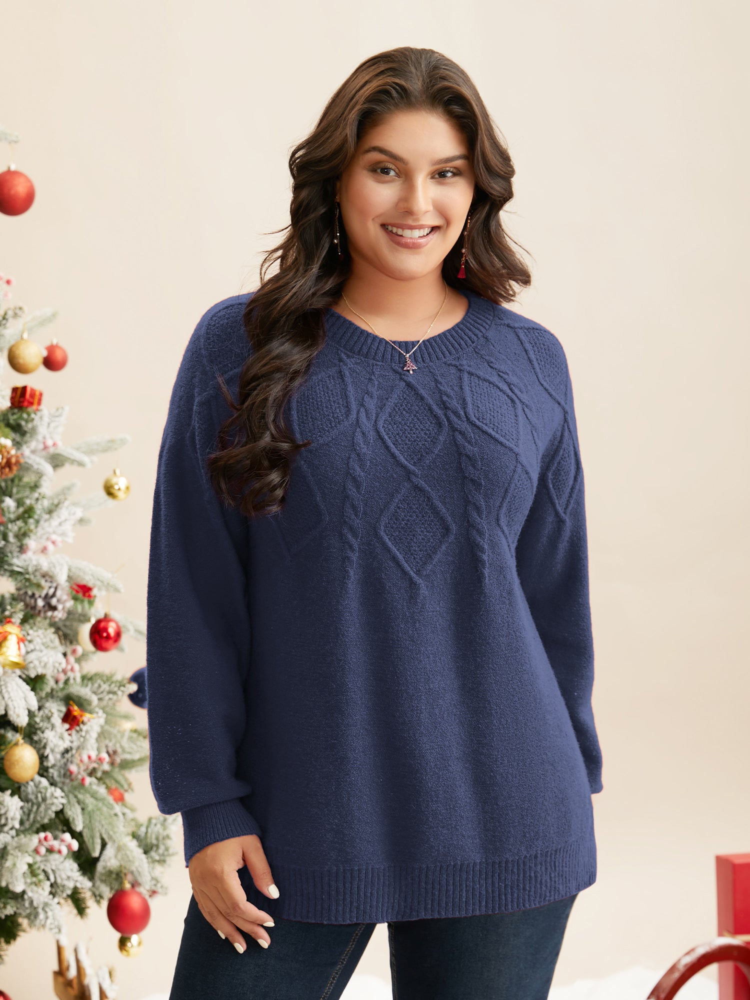 Cable Knit Bodice Crew-Neck Pullover