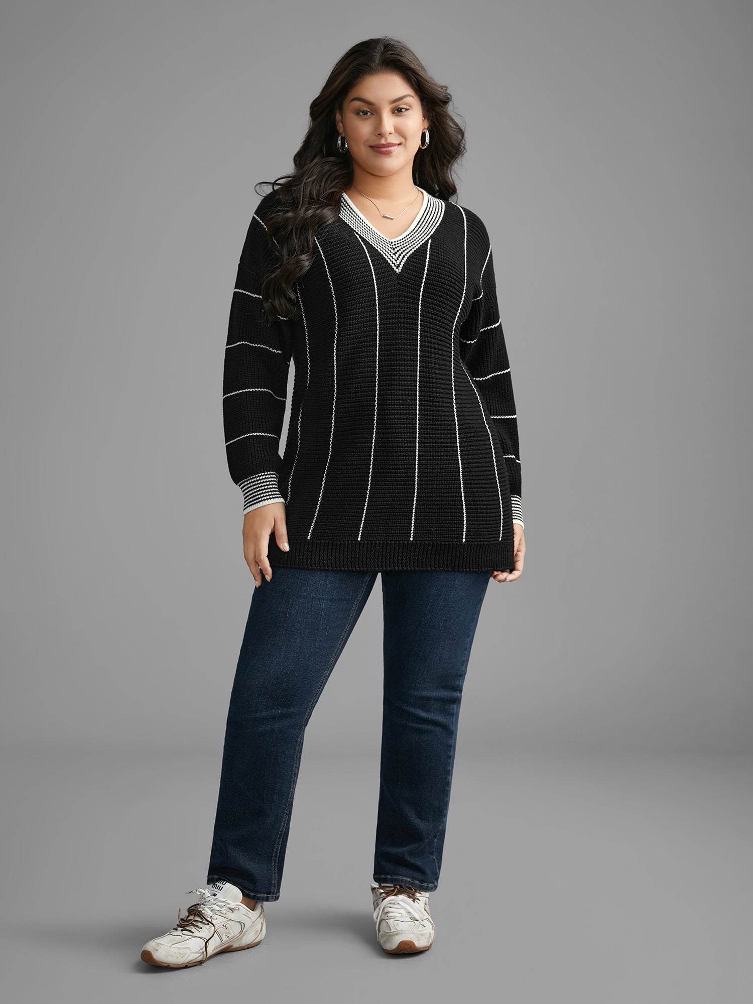 Texture Contrast Striped Lantern Sleeve Pullover