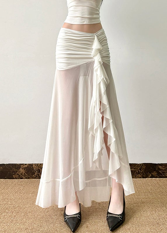 Sexy White Wrinkled Side Open Tulle Skirt Summer